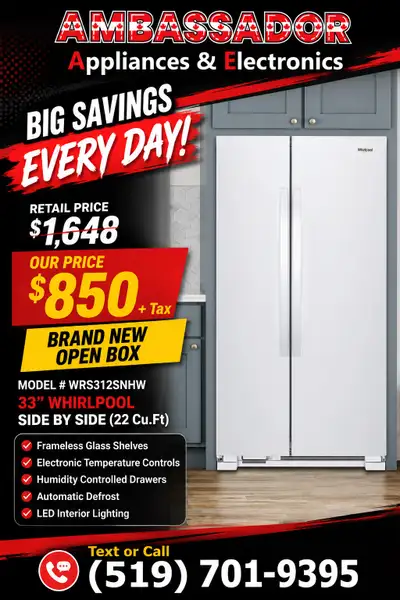 NEW 33” Whirlpool Side By Side Fridge (White) , View more