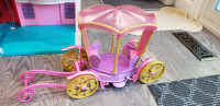 Lot of 3 story Barbie house, cars, carriage, and dolls for sale
