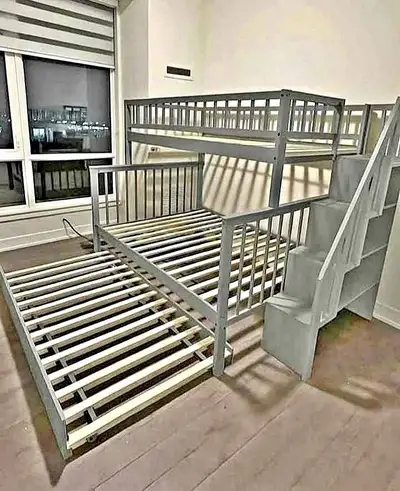Lit superposé double avec escalier et rangement | Gris | Neuf, View more
