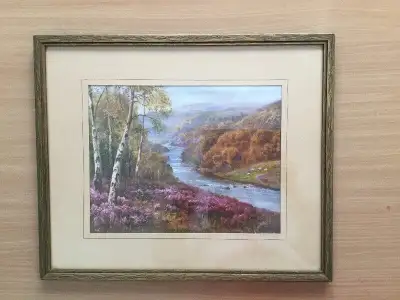 Beautiful framed and glass-covered wall art decoration titled "A Highland Stream". It is a fall scen...