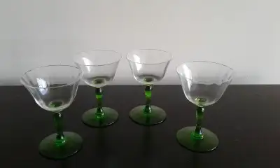 4 vintage green sherry glasses about 4 inches high over 100 years old probably depression glass exce...