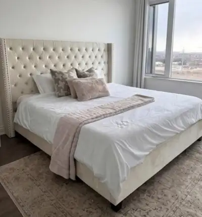 MUST GO – King Wingback Tufted Bed Frame Cream Upholstered Nailh, View more