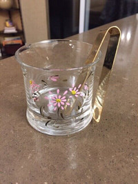 Hand Decorated Glass Sugar Cube Dish with Tongs