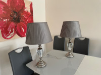 Pair of table stand lamps, grey shades, metal and crystal base