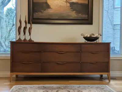 Refinished Mid Century Long Walnut Dresser by Kaufman Furniture, View more