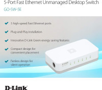 D-Link 5 Port Fast Ethernet Unmanaged Desktop Switch, Plug and p