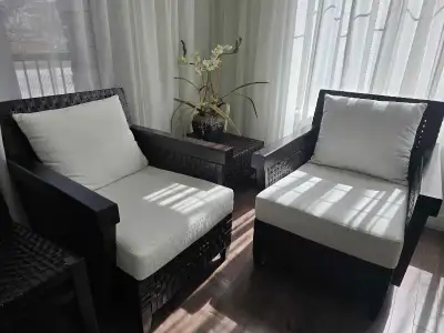 wood wicker lounge chairs and table set., View more