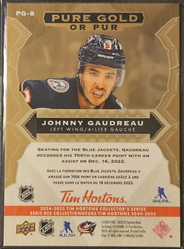 24-25 Upper Deck Tim Hortons Pure Gold Johnny Gaudreau in Arts & Collectibles in Ottawa - Image 3