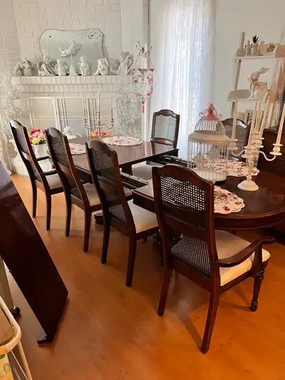 ELEGANT SOLID CHERRY DINING ROOM TABLE AND HUTCH, View more