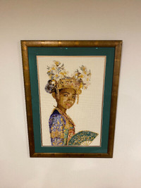 Framed cross stitch of Indonesian princess