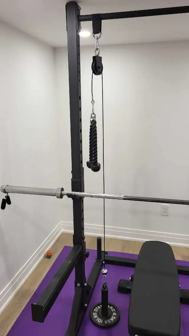 Squat rack with bar, bench, weights and pulldown attachment580123633795082243