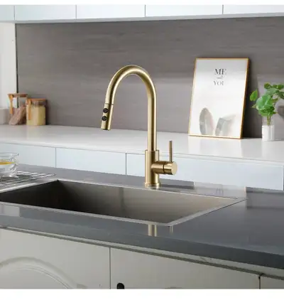 Brushed Gold Pull Down Kitchen Faucet, Stainless Steel Single Handle Kitchen Sink Faucet with Pull O...
