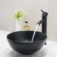 Bathroom Ceramic Sink Round Above Counter with Black Faucet