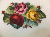 Petit Point Rose Bouquet in 3 thread. 4.5”x6.5”. $50.00.
