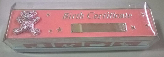 Elegance Silver Pink Enamel Baby Birth Certificate Holder in Other in Oshawa / Durham Region