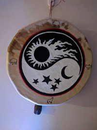 Hand made deer hide drum with drum stick beautiful peice of art
