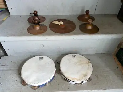 VINTAGE 3 TAMBOURINES AND 5 CYMBALS, View more
