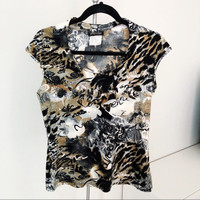 NEW Black Brown Pattern Print Short Sleeved Blouse Top (Size S)