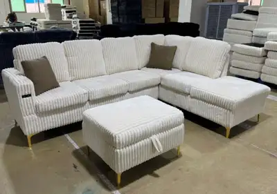 White Sectional Corduroy Material Sofa with Storage Ottoman , View more