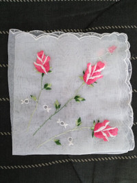 Antique Hand Embroidered Rose Handkerchief