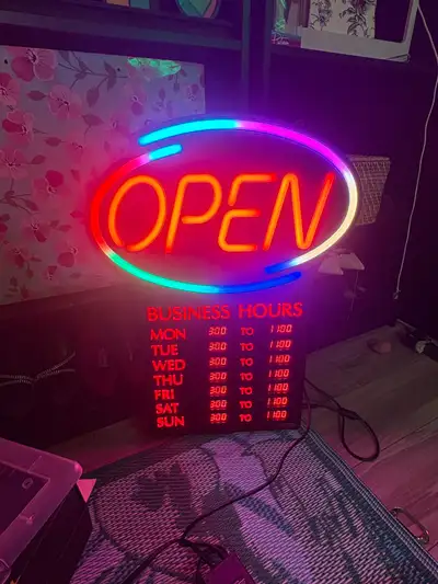 Large LED OPEN sign with programmable business hours display. Sign is fully functional and comes wit...