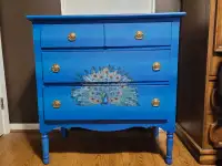 Beautiful Hand Painted Antique Dresser with Blue & Gold Peacock 
