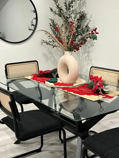 Cathy Trestle Dining Table + upholstered side chairs, View more
