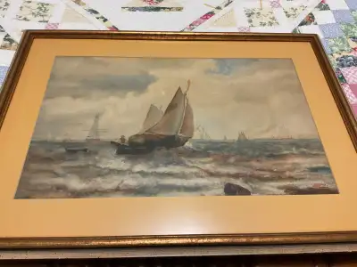 Antique seascape, sailing ships watercolour painting, View more
