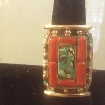Red Coral With Turquoise Nepali Gemstone Tibetan Ring, View more