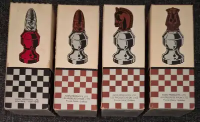 Vintage 6 inch tall full avon cologne chess pc bottles, View more