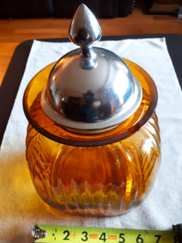 Vintage Artland Amber Glass Jar with pewter lid in Arts & Collectibles in Sarnia