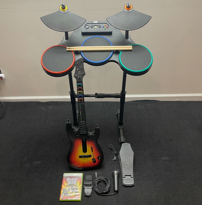 Xbox 360 Guitar Hero Drum Kit Guitar Mic Complete Band Bundle, View more