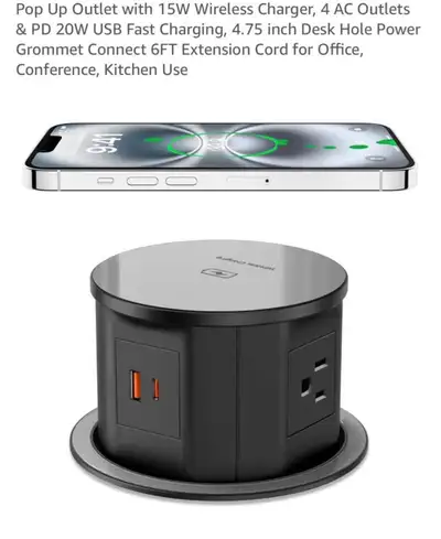 Pop Up outlet with 15W wireless charger, 4 AC outlets, View more