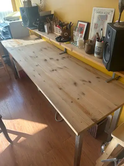 Long work table / desk, solid pine, with extra shelf, View more