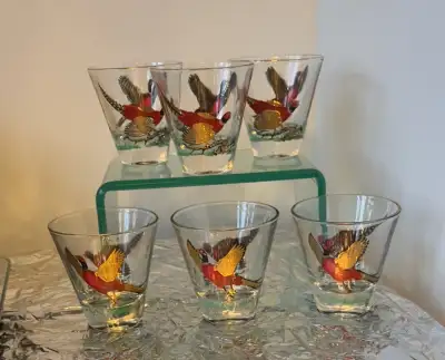 6 Hazel Atlas pheasant liqueur glasses, View more