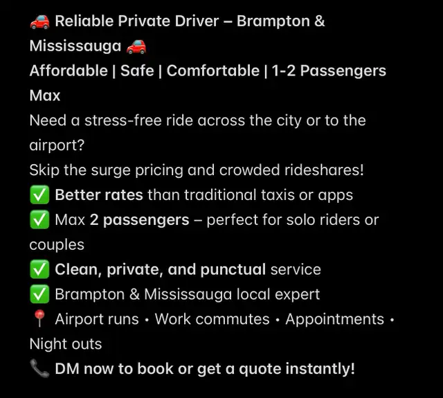Reliable Private Driver in Rideshare in Mississauga / Peel Region - Image 2