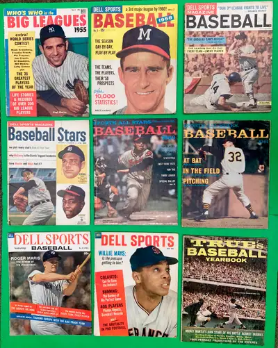 9 Vintage Baseball Magazines, $75 Dell Who’s Who in the Big Leagues, 1955, Hall of Famer Yogi Berra,...