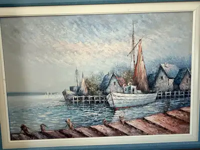 Beautiful large framed oil painting on canvas depicting a serene harbor scene with fishing boats doc...