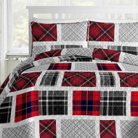3 PC Patchwork Quilt Set • Red & Grey • Queen Size