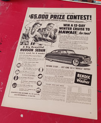 1948 CONTEST AD - WIN A HUDSON SUPER SIX / BENDIX WASHER VINTAGE
