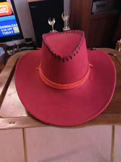 Saddle up in style with this vibrant red ladies' cowboy hat, perfect for adding a pop of colour to y...