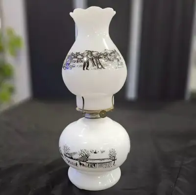 Currier And Ives Black And White Vintage Milk Glass Oil Lamp, View more