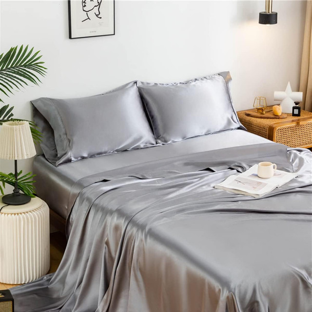 4 PC Silver Grey Satin Sheet Set • 17" Deep Pocket • Queen Size in Bedding in Barrie