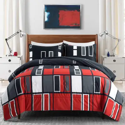 Brand New Beautiful Red Grey Black Reversible 3 Piece Comforter Set In a sealed package DoubleQueen...