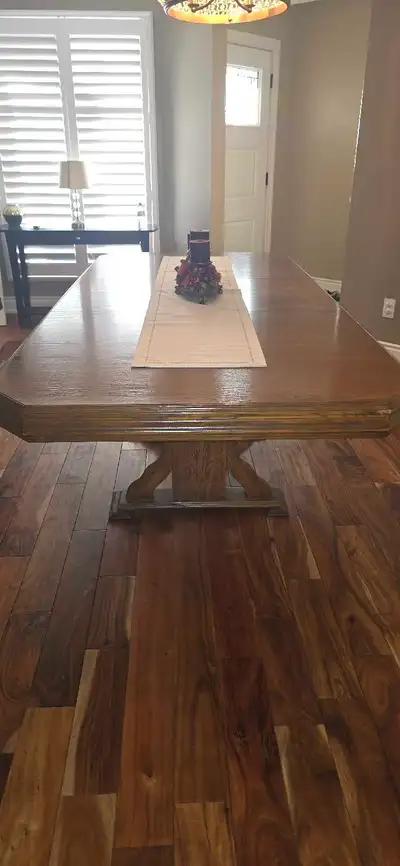Solid wood dining table, chairs, and cabinet, View more