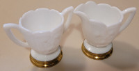 Vintage Imperial Milk Glass Creamer & Sugar Bowl w/ Brass Base