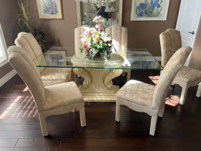 Glass dining room table with stone base and 6 chairs, View more