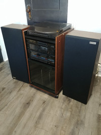 Hitachi Speakers and Record Player w/ Rolling Cabinet