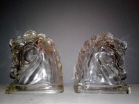 Pair Depression Crystal Glass Horse Head Book Ends