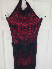Womens 2 Piece Beaded Halter Dress Top and Skirt, Red and Black